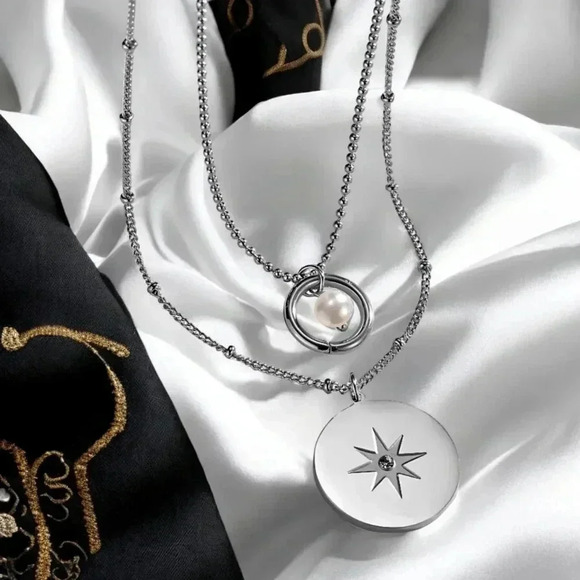 🆕️18K White Gold Plated Star Charm Minimalist Layered Necklace Dainty Pearl - Picture 1 of 13